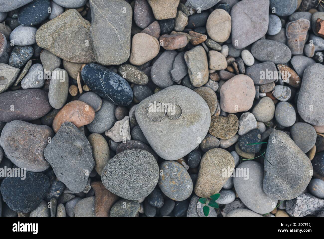Anelli di nozze su pietre grigie sfondo naturale Foto Stock