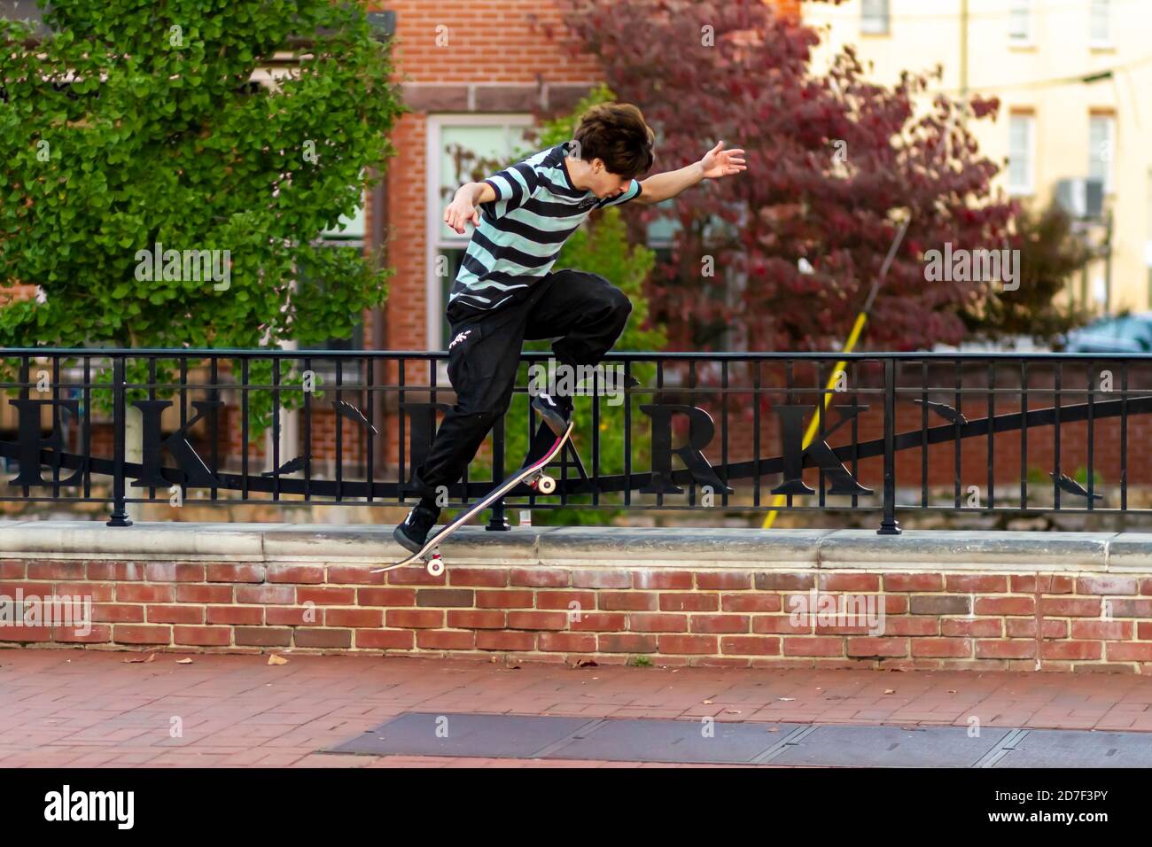 Frederick, MD, USA 10/14/2020: Un adolescente caucasico che indossa t-shirt e pantaloni da pista sta praticando un salto di ollie con il suo skateboard. Tenta di ju Foto Stock
