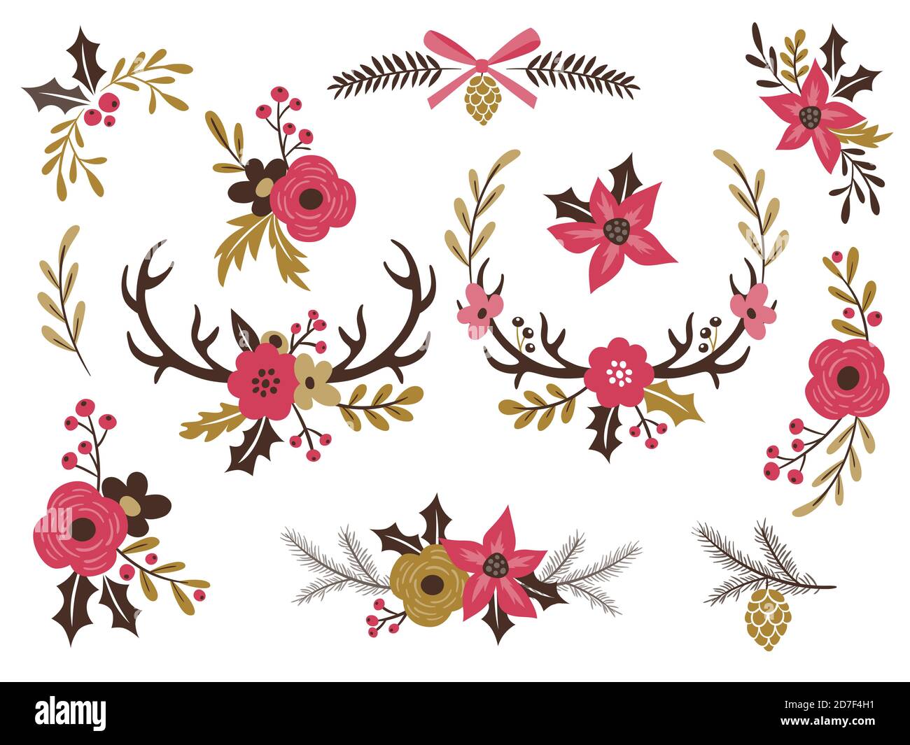 Graziosi bouquet floreali per la stagione invernale. Illustrazione vettoriale isolata. Modifica semplice per creare le tue composizioni floreali. Illustrazione Vettoriale