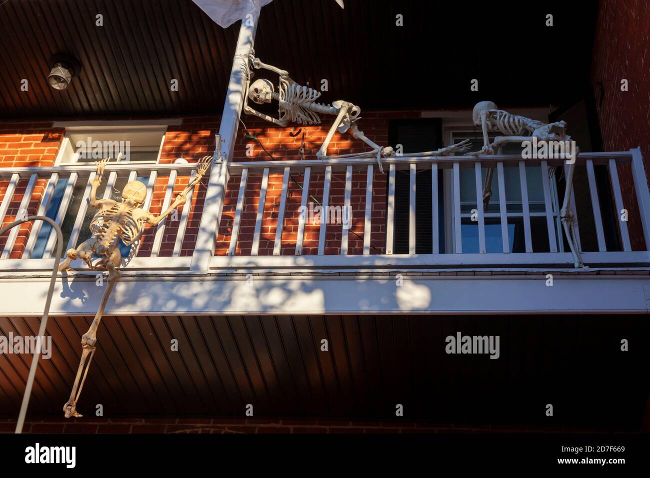 Frederick, MD, USA 10/13/2020: Una decorazione halloween molto creativa al secondo piano balcone di una casa. Scheletri spaventosi stanno arrampicandosi per rompere e. Foto Stock