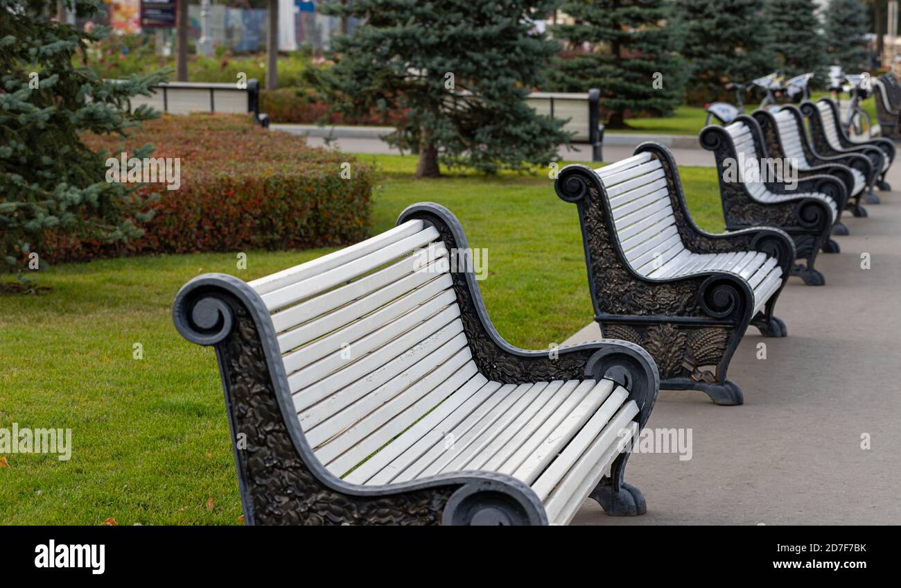 Prospettiva di panchine bianche vuote in fila al pubblico park vicolo Foto Stock