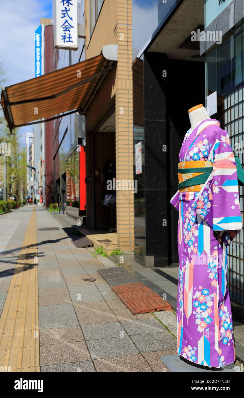 Una donna Kimono mostra fuori di un negozio di sarto in Sumida City.Tokyo.Japan Foto Stock