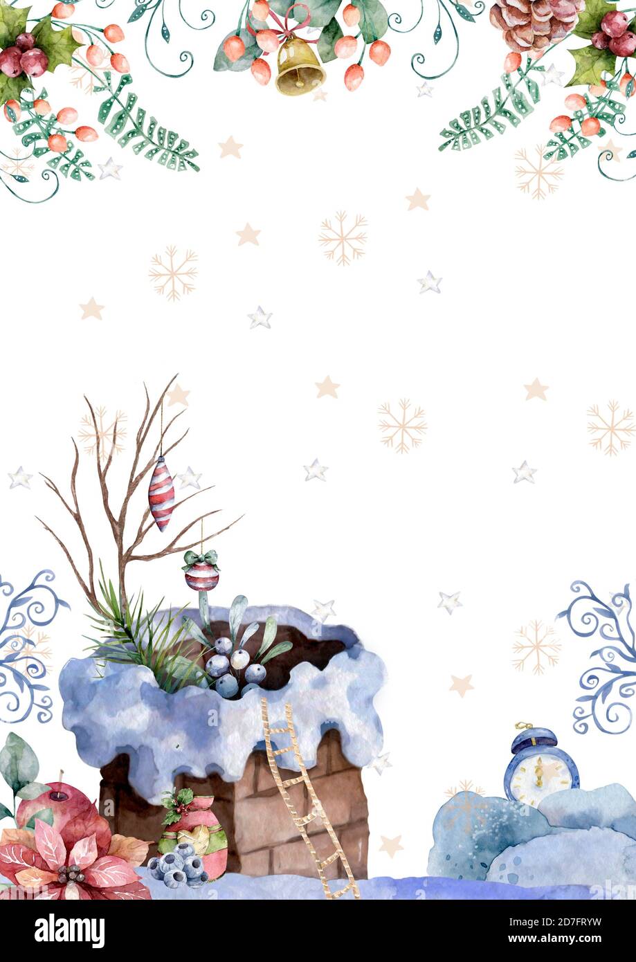 Scena di Natale con cute House e una grande borsa regalo nel camino su una scala biglietto di benvenuto. Illustrazione acquerello Foto Stock