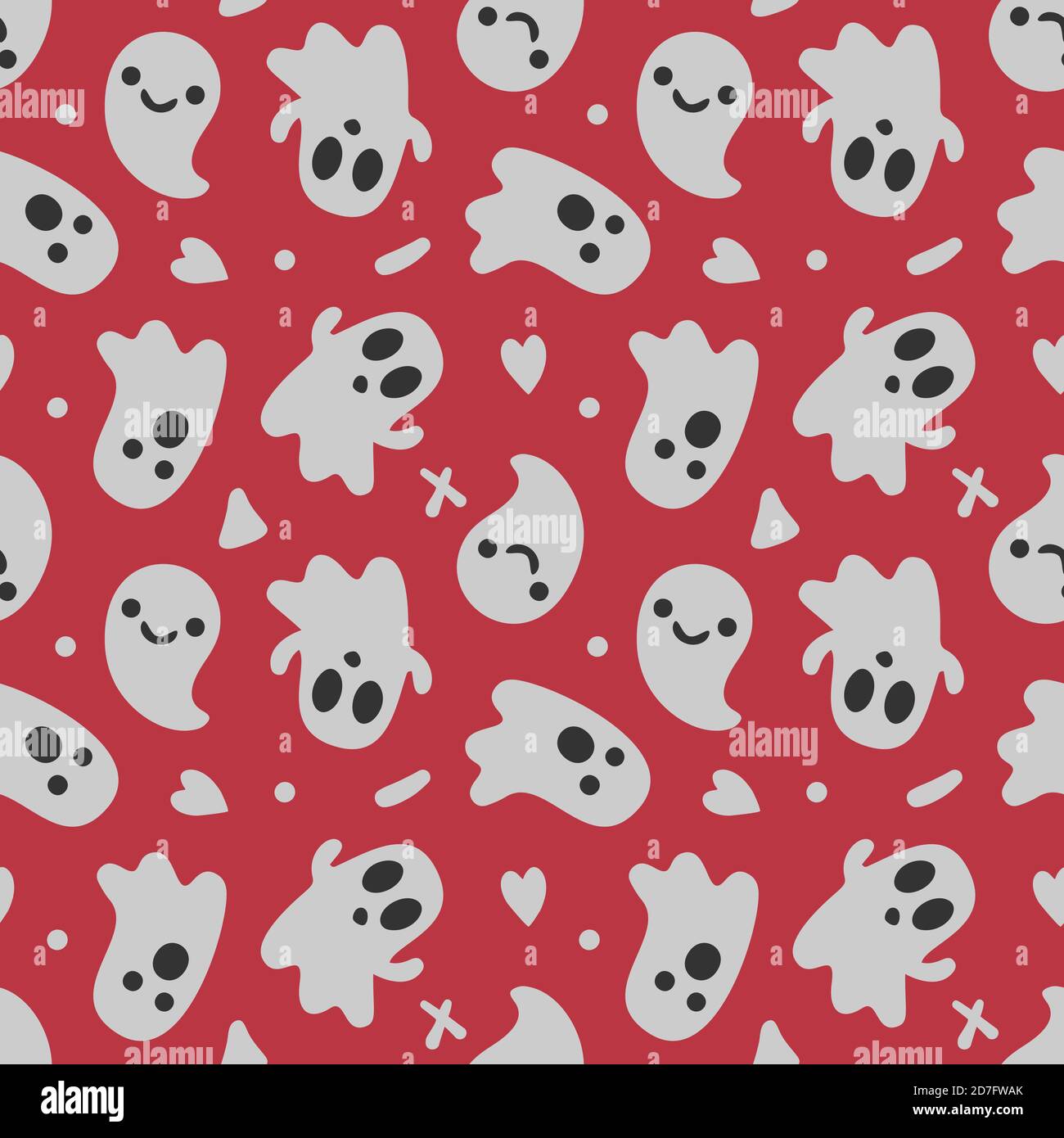 Sfondo di Halloween. Pattern senza cuciture di simpatici fantasmi cartoni animati con volti diversi. Illustrazione Vettoriale
