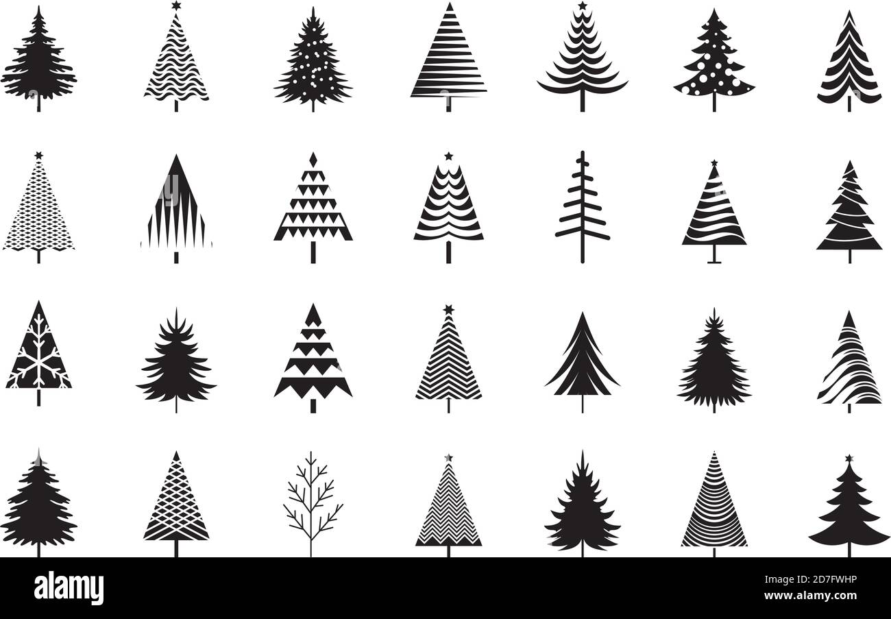 Una serie di alberi di Natale neri. Elementi di design per la stagione invernale e una semplice collezione di pittogrammi. Icone e illustrazioni vettoriali isolate. Illustrazione Vettoriale