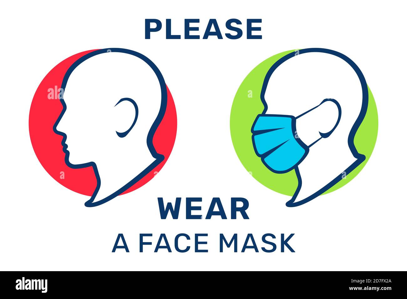 Indossare una maschera facciale, illustrazione vettoriale. Maschera richiesta, segnale di avvertenza. Sagoma della testa di un uomo in una maschera medica Illustrazione Vettoriale