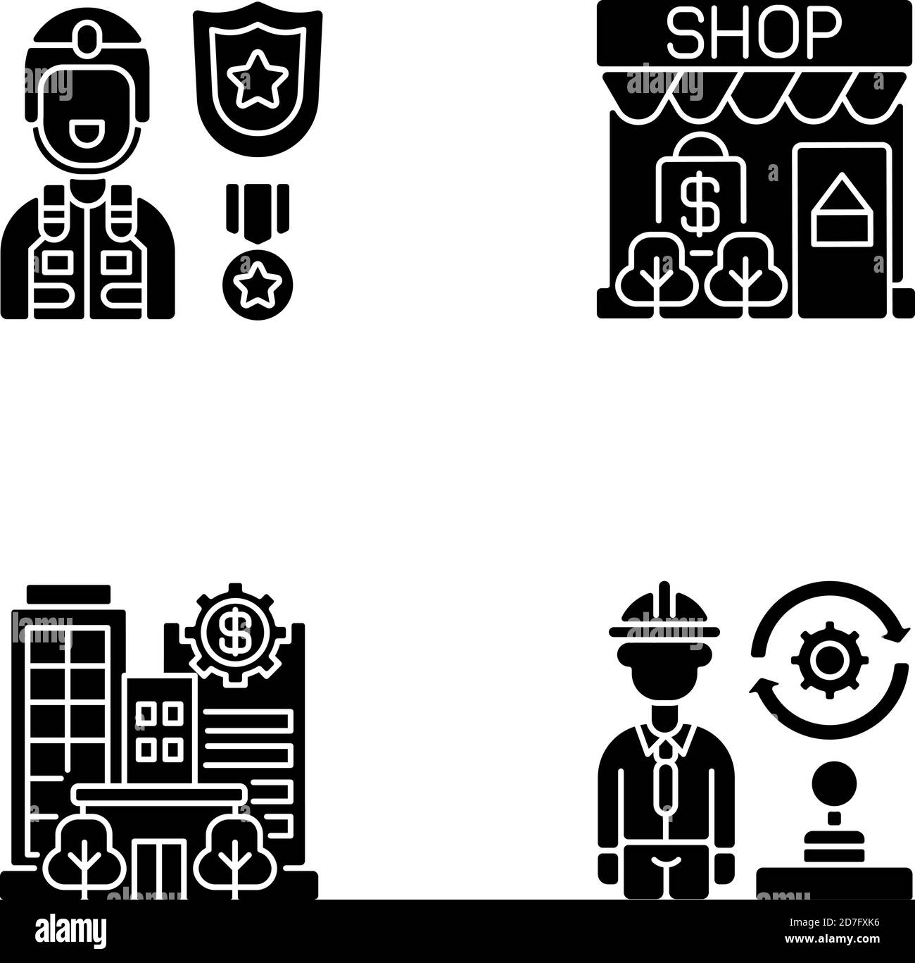 Icone glifo nero dei servizi vitali impostate su spazio vuoto Illustrazione Vettoriale