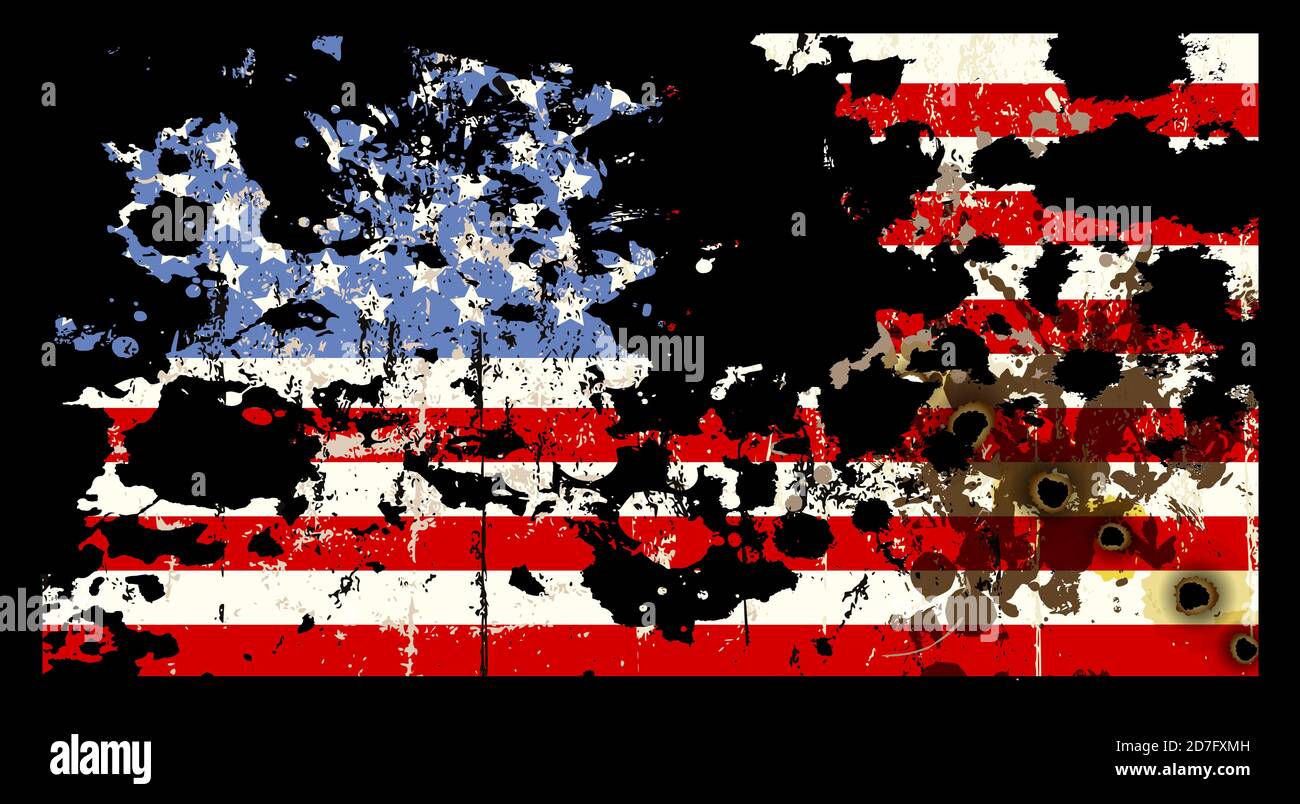 Brutta bandiera degli Stati Uniti strappata e lacerata con buchi di proiettile, illustrazione vettoriale, patriottico o segno di protesta Illustrazione Vettoriale