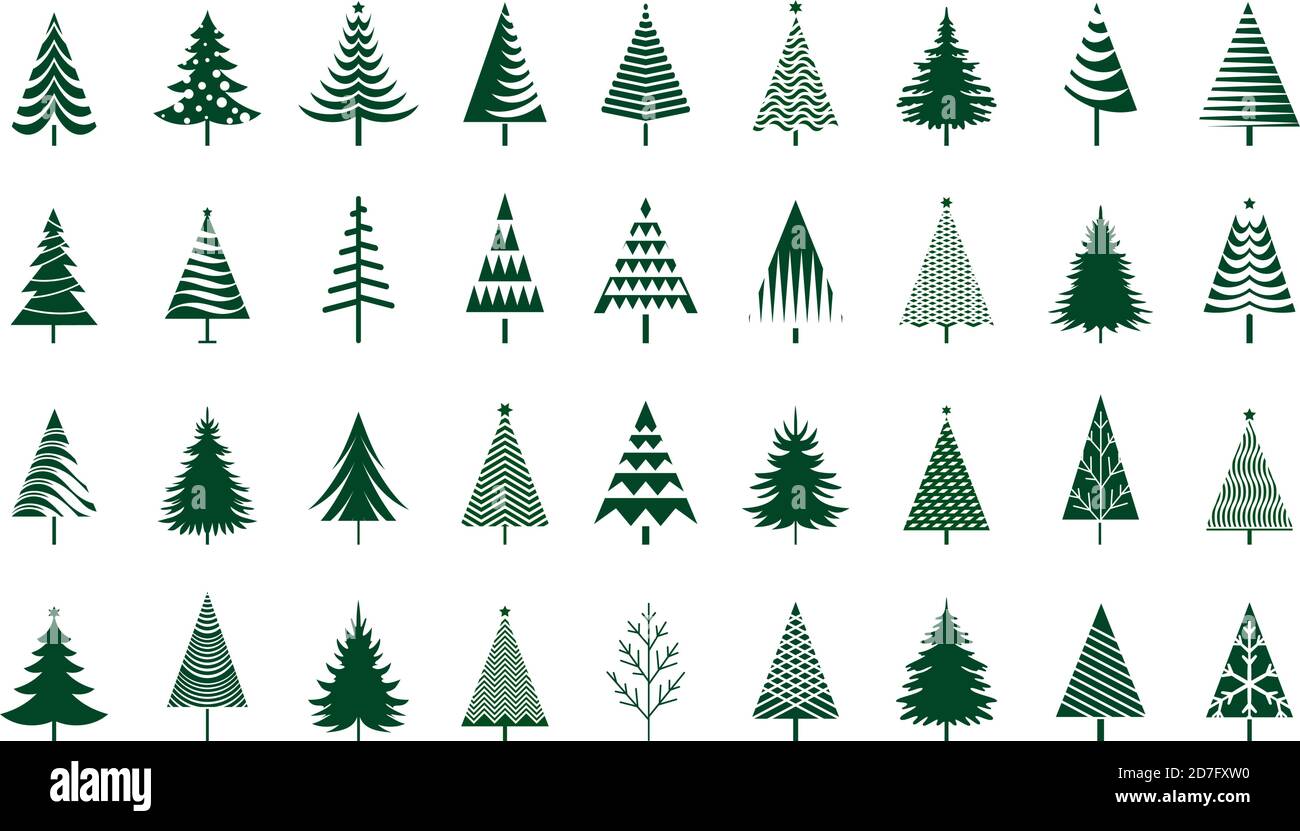 Alberi di abete verde. Elementi di design stagione invernale e semplicemente pittogramma. Vettore isolato icone albero di Natale e illustrazione. Illustrazione Vettoriale