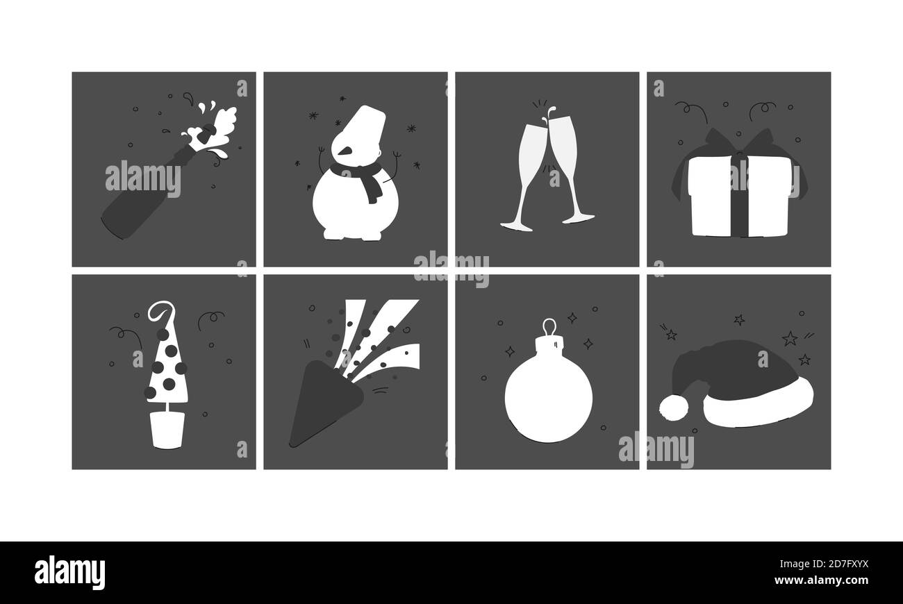Immagini monocromatiche in bianco e nero, concetto di Capodanno e natale. Illustrazione Vettoriale Immagini monocromatiche in bianco e nero, concetto di Capodanno e natale. Illustrazione Vettoriale