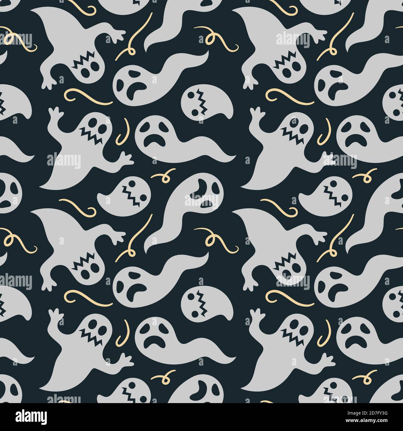 Motivo senza cuciture con simpatici piccoli fantasmi cartoni animati. Fantasmi bianchi su sfondo arancione. Illustrazione di Halloween. Modello per carta, tessuto, gioco, web des Illustrazione Vettoriale