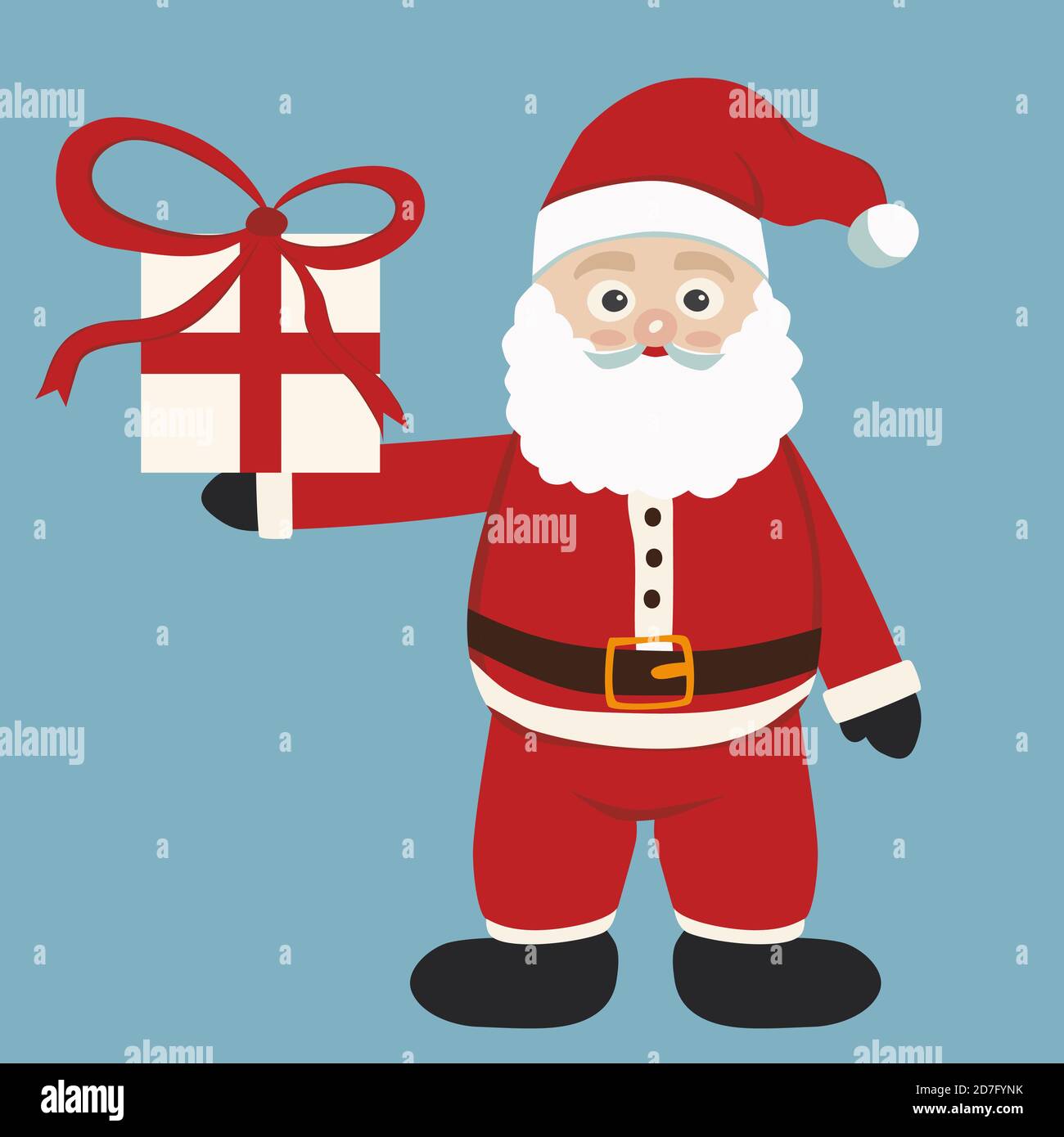 Cute Babbo Natale con una scatola presente con un nastro rosso in mano isolato su sfondo blu. Natale e Capodanno Illustrazione Vettoriale