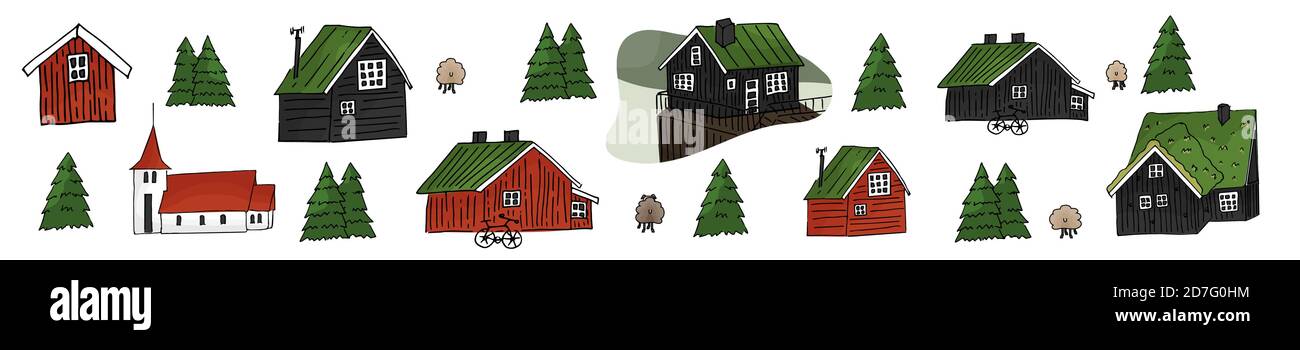 Set di legno rosso e nero scandinavo islandese case erba sul tetto con chiesa e pecore Illustrazione Vettoriale