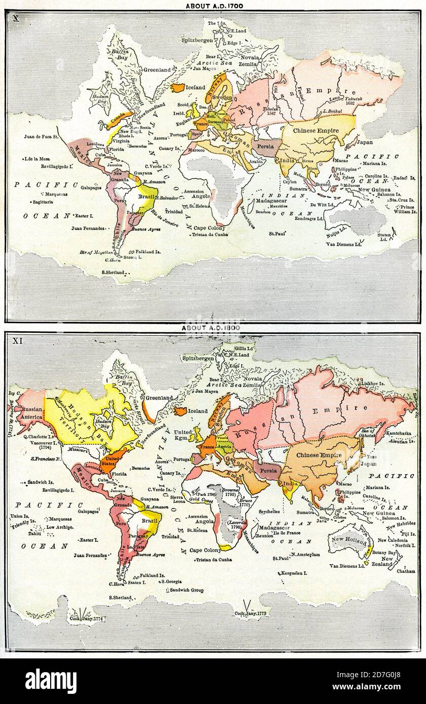 X Mappa del mondo circa 1700 d.C., XI Mappa del mondo circa 1800 d.C., Illustrazione, Storia del mondo di Ridpath, Volume III, di John Clark Ridpath, LL. D., Merrill & Baker Publishers, New York, 1897 Foto Stock