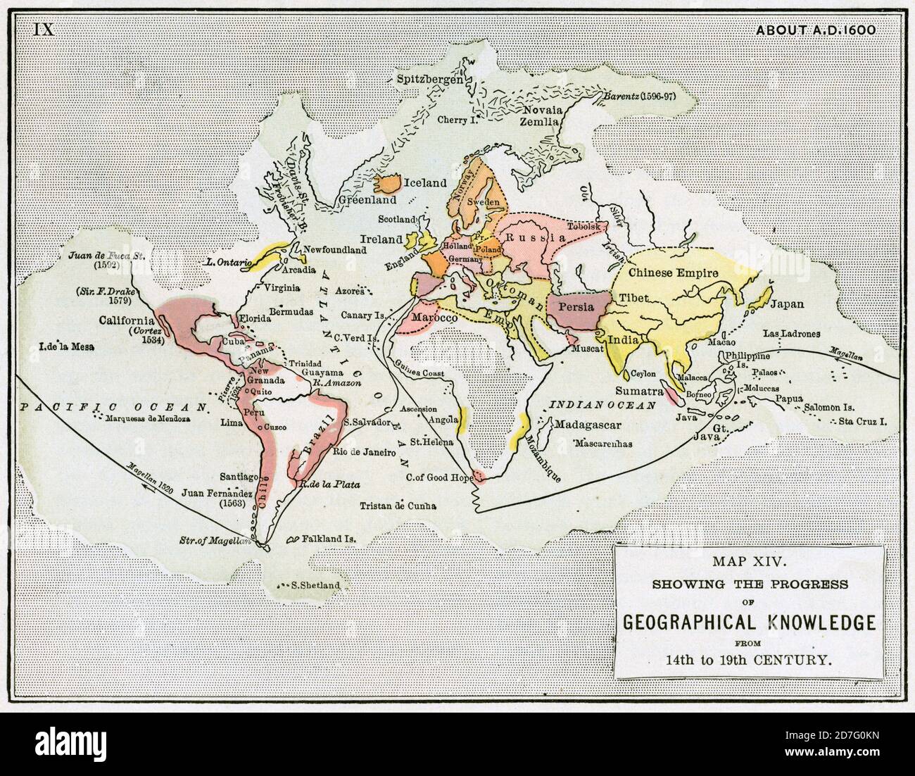 Mappa XIV che mostra i progressi della conoscenza geografica dal XIV al XIX secolo, Illustrazione, Storia del mondo di Ridpath, Volume III, di John Clark Ridpath, LL. D., Merrill & Baker Publishers, New York, 1897 Foto Stock