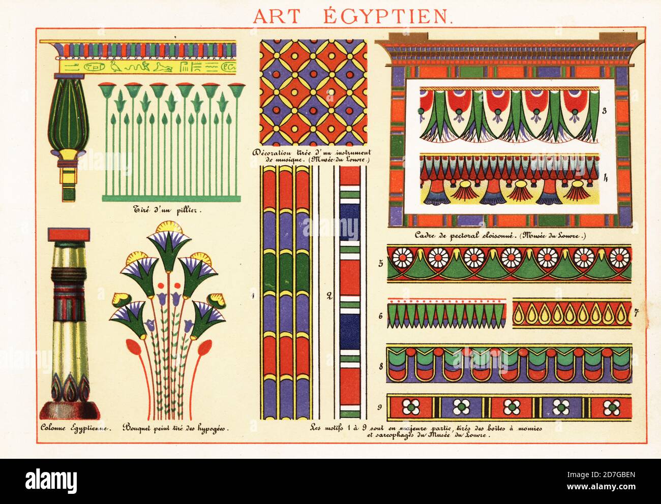 Elementi di design e motivi dell'antica arte egiziana tratti da colonne,  colonne, bouquet su un ipogeo, strumenti musicali, bare mummie e sarcofagi  nel Museo del Louvre. Tyre d'un pillier, colonne Egizienne, Bouquet