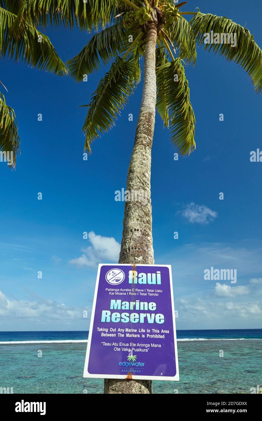 Cartello della Riserva Marina di Raui, Edgewater Resort, Rarotonga, Isole Cook, Sud Pacifico Foto Stock