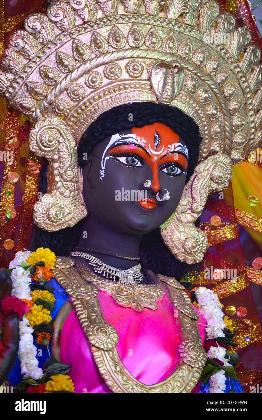 Primo piano di Face of Goddess Durga, Idol of Goddess Durga, festival indù navratri. Foto Stock