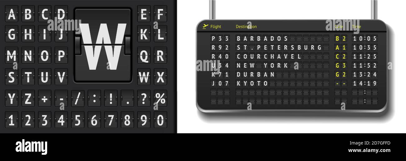 orario della compagnia aerea in 3d con partenza o arrivo con ombre. Pannello di volo realistico isolato. Modello di tabellone segnapunti per aeroporto con flip nero vettoriale. Carattere analogico della scheda aeroportuale su sfondo scuro Illustrazione Vettoriale