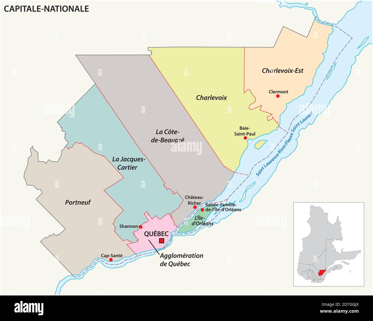 Mappa vettoriale della Regione amministrativa capitale Nationale Quebec, Canada Illustrazione Vettoriale