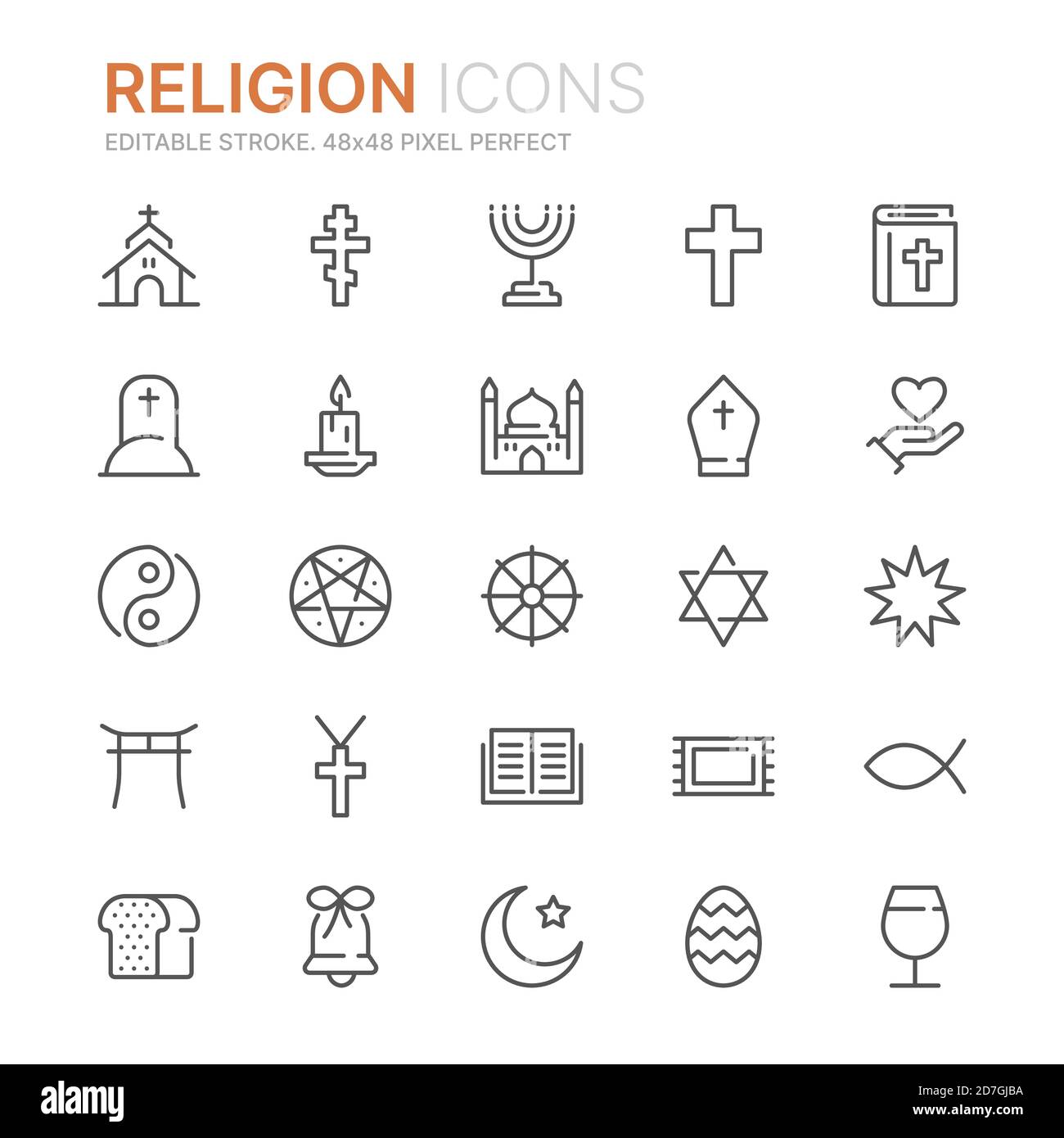 Collezione di icone di riga di religione. 48x48 pixel Perfect. Tratto modificabile Illustrazione Vettoriale
