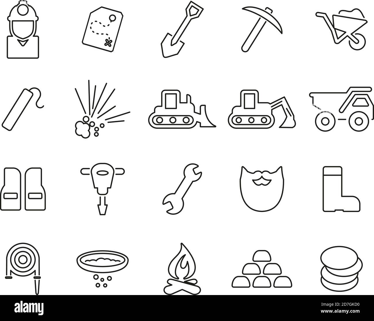 Icone Gold Rush o Gold Mining nero e bianco sottile Set di linee grande Illustrazione Vettoriale