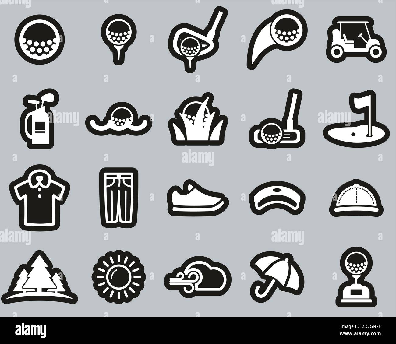 Golf Sport & Golf Equipment icone bianche su adesivo nero Imposta grande Illustrazione Vettoriale