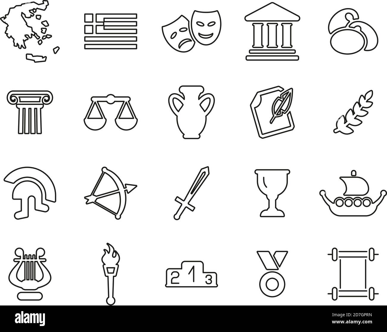 Grecia Paese & Cultura icone nero e bianco sottile linea Imposta grande Illustrazione Vettoriale