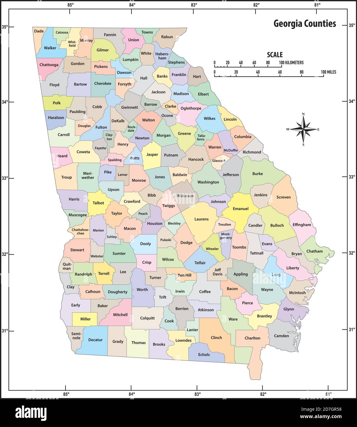 Mappa vettoriale amministrativa e politica dello stato della Georgia a colori Illustrazione Vettoriale