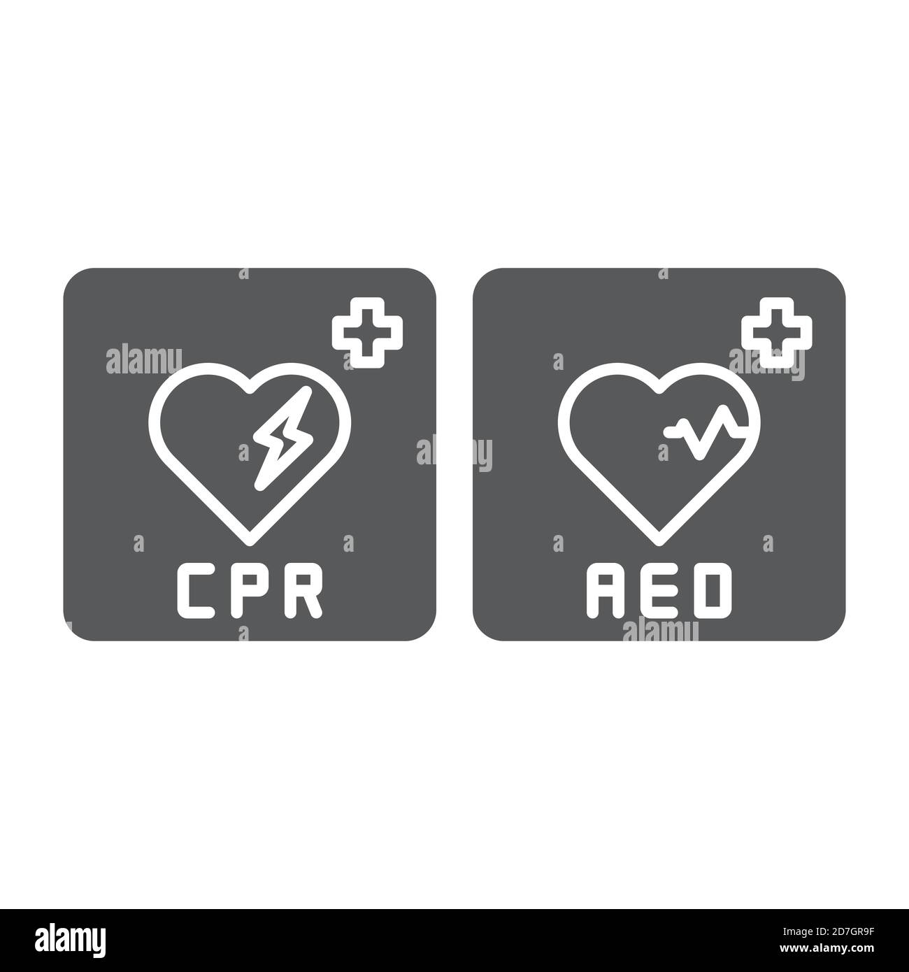 Defibrillatore di emergenza AED, RCP AED AID, simbolo dell'icona vettoriale isolato su sfondo bianco Illustrazione Vettoriale