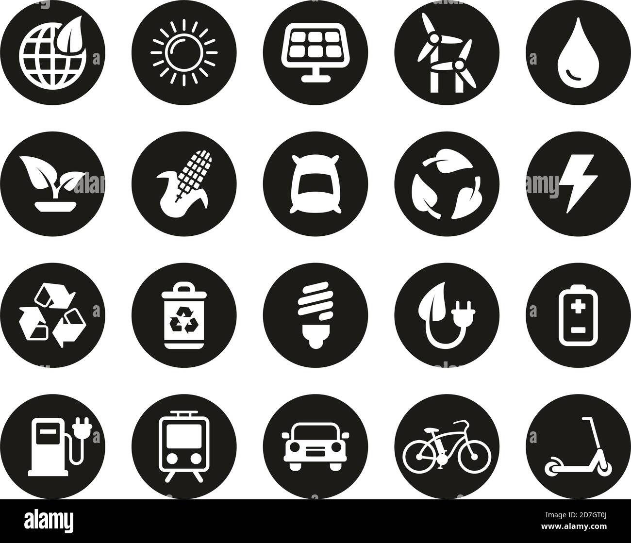 Icone di energia verde Bianco su set cerchio di design piatto nero Grande Illustrazione Vettoriale