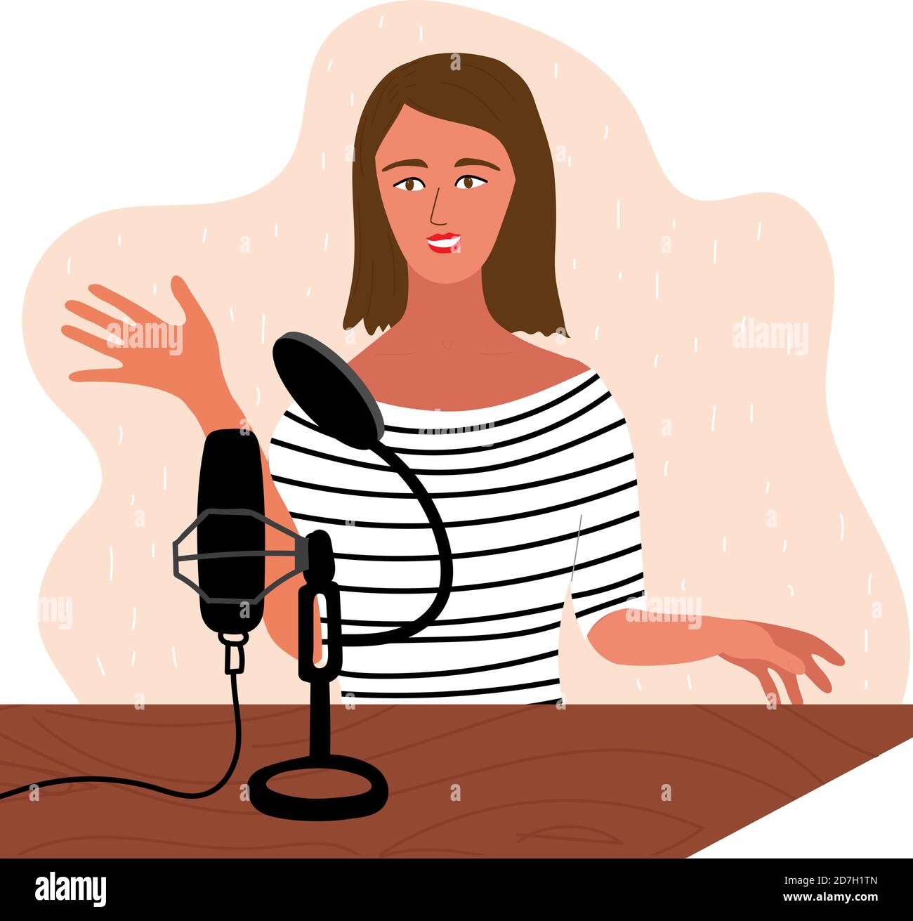 La donna sta facendo podcast dal vivo. Podcaster femminile che parla con il microfono che registra la voce in studio. Illustrazione vettoriale in stile piatto Illustrazione Vettoriale