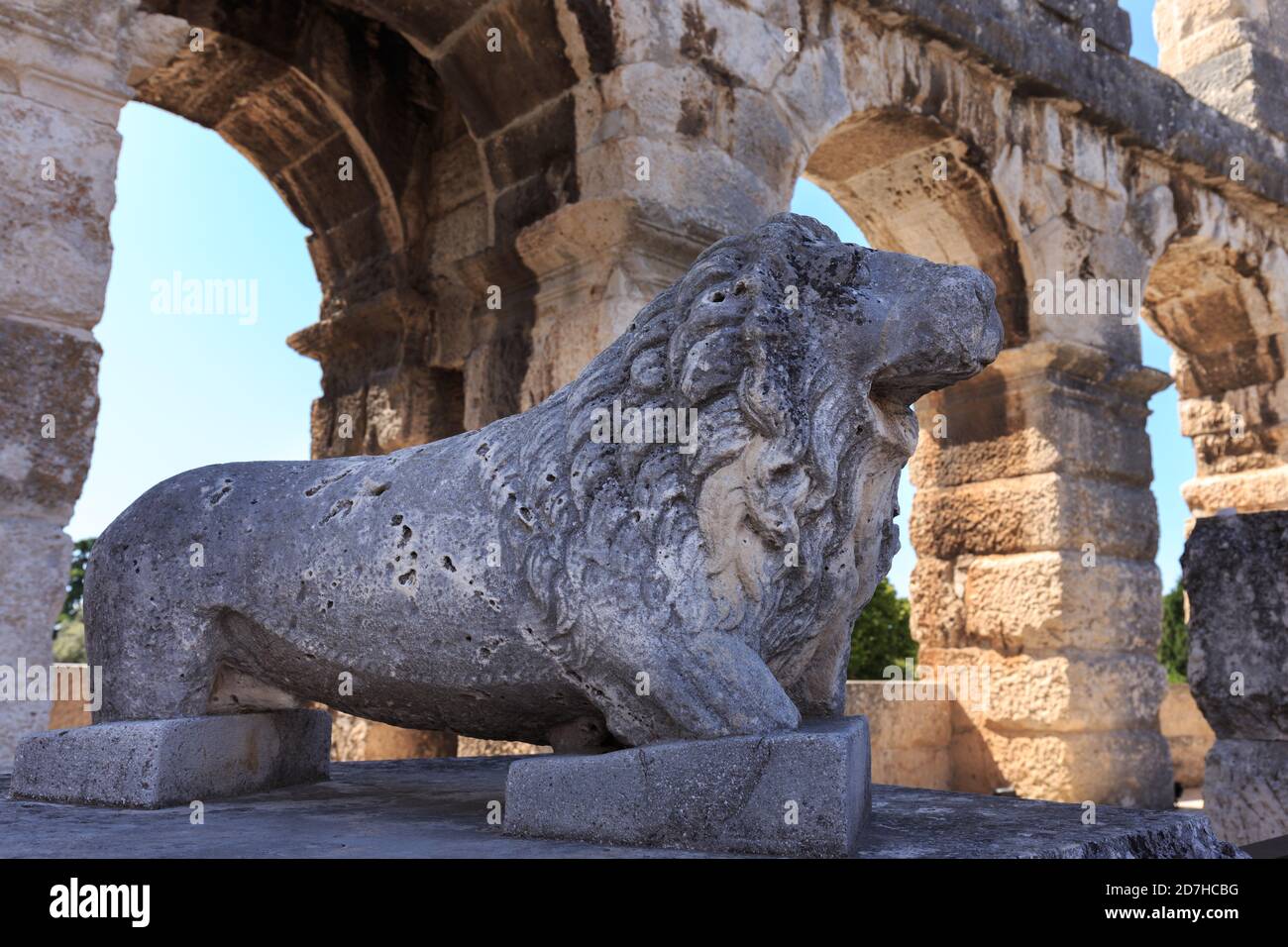 Statua del Leone all'interno dell'Arena di Pola, antico anfiteatro romano di Pola, Croazia Foto Stock