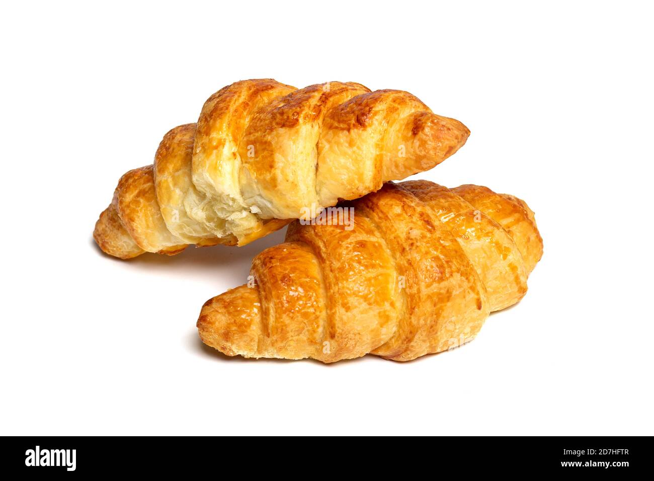 Croissant francese fresco con cioccolato isolato su sfondo bianco Continental Colazione al mattino, vista sull'alto, in piano Foto Stock