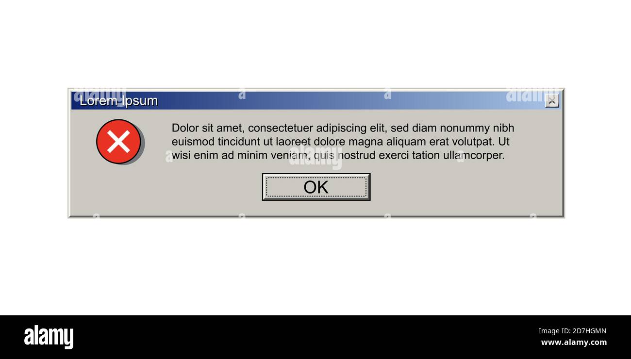 Finestra del vecchio computer con messaggio di errore. Interfaccia retro pc con problema o glitch, avviso vintage browser web, bug di sistema software. vettore schermo 90 s. Illustrazione Vettoriale