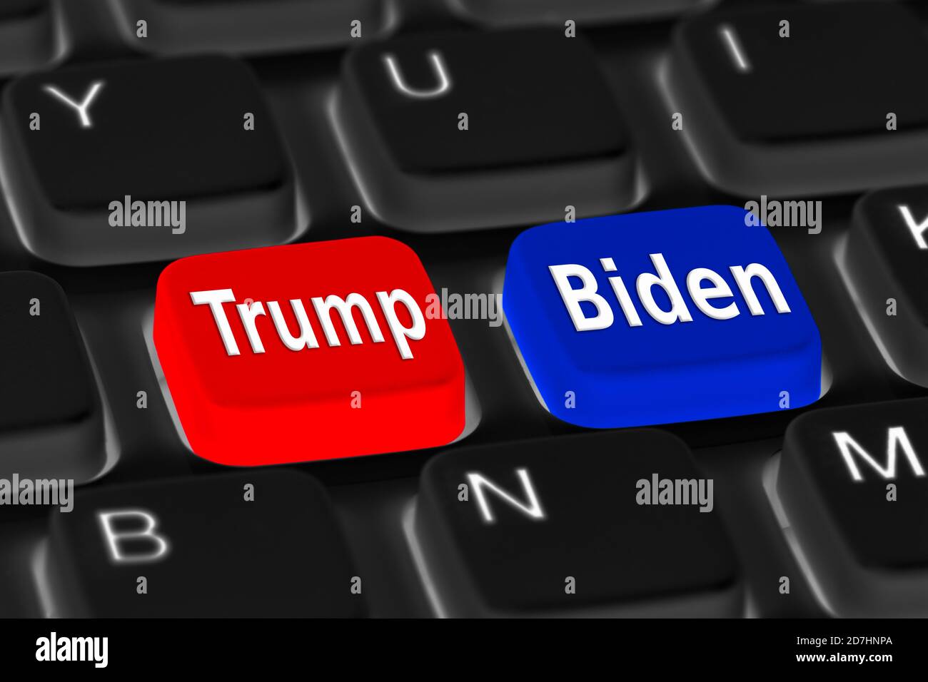 Pulsanti su una tastiera per mostrare un voto per Donald Trump (repubblicano) o Joe Biden (democratico) nelle elezioni presidenziali del 2024. Foto Stock