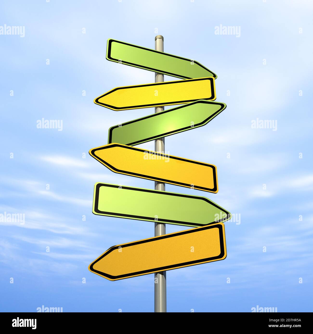 Rendering 3D di un'immagine concettuale di segni di direzione che puntano in direzioni diverse. Foto Stock