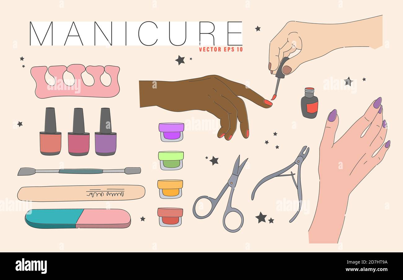 Mani femminili e vari accessori per manicure, attrezzature, utensili. Disegno a mano Illustrazione Vettoriale