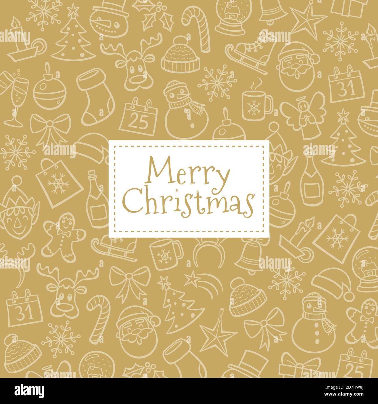 Biglietto d'auguri di Natale. Sfondo dorato con elementi di design disegnati a mano. Illustrazione vettoriale. Illustrazione Vettoriale