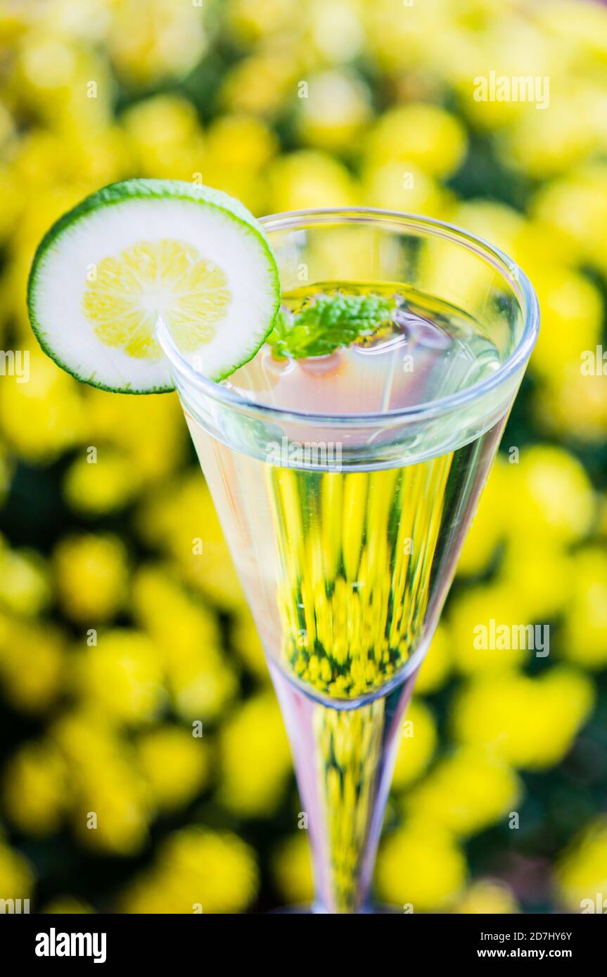 Messa a fuoco selettiva verticale del cocktail giallo con una fetta di calce Foto Stock