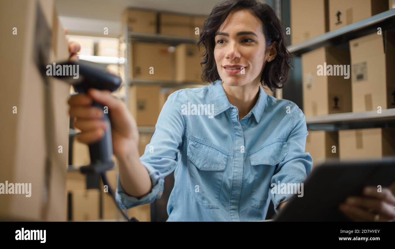 Il responsabile dell'inventario femminile esegue la scansione di cartone e con scanner per codici a barre. Nelle file di fondo delle scatole di cartone con prodotti pronti per la spedizione. Foto Stock