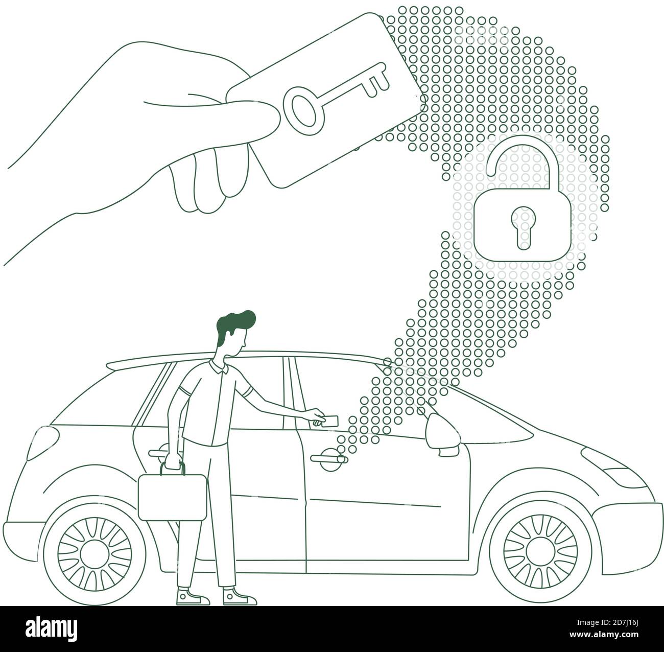 Illustrazione vettoriale del concetto di apertura della chiave a scheda, apertura del blocco senza chiave a linea sottile Illustrazione Vettoriale