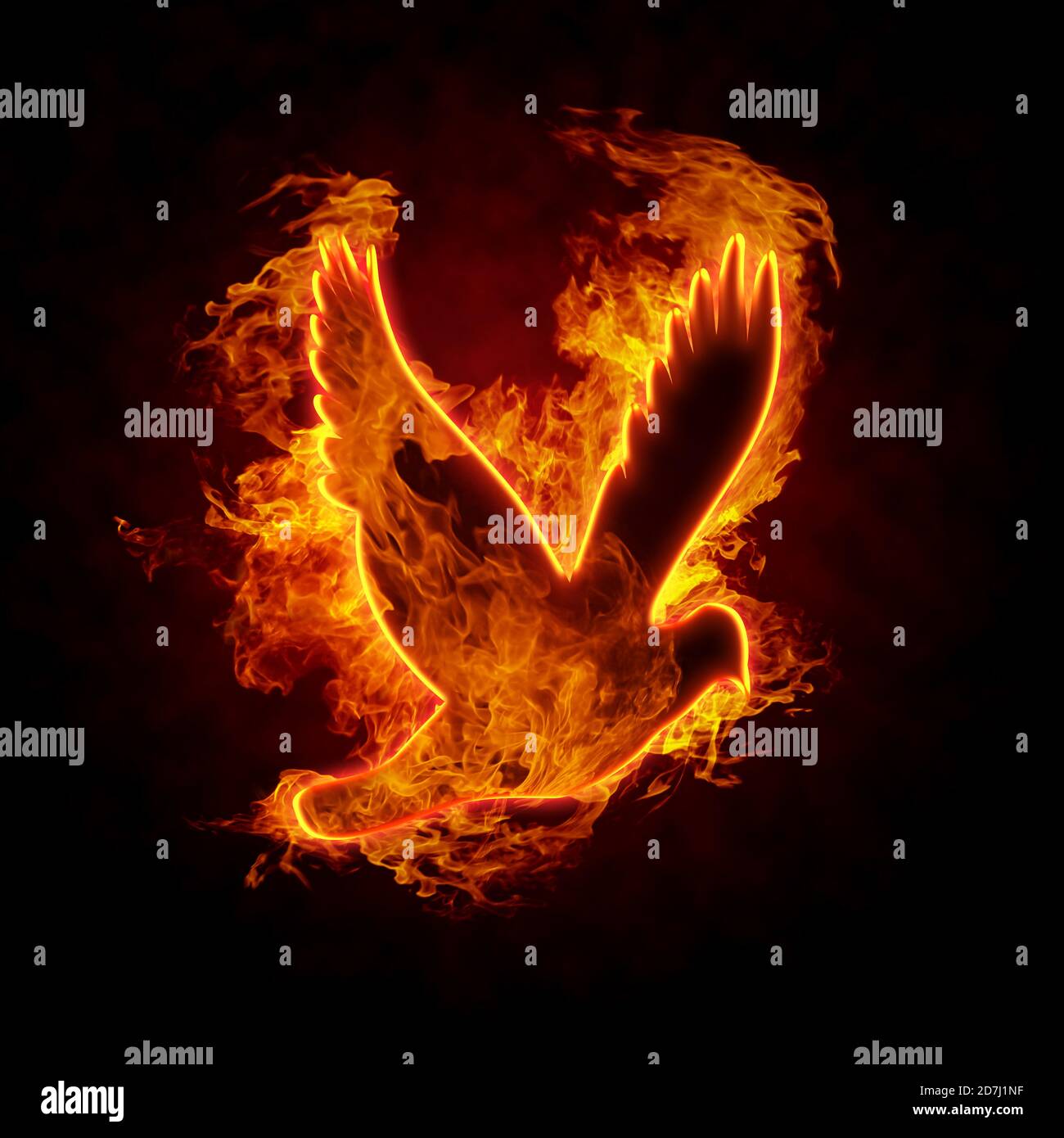 Silhouette di uccelli in fiamme su sfondo nero Foto Stock