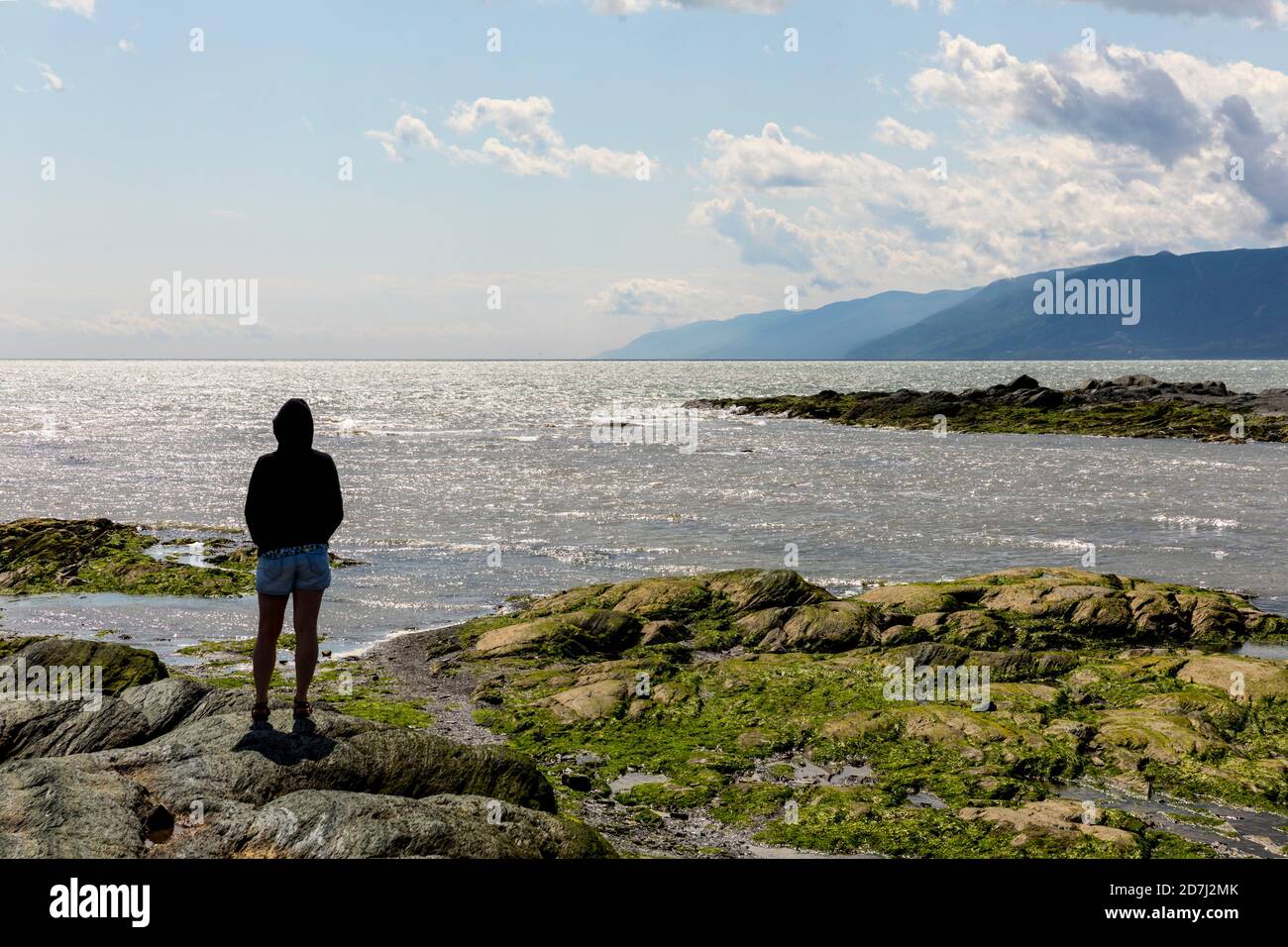 Paesaggio, fiume San Lorenzo, in direzione dell'isola "l'Isle-aux-Coudres", Quebec, Canada. Qualcuno, da solo, visto da dietro guardando il Foto Stock