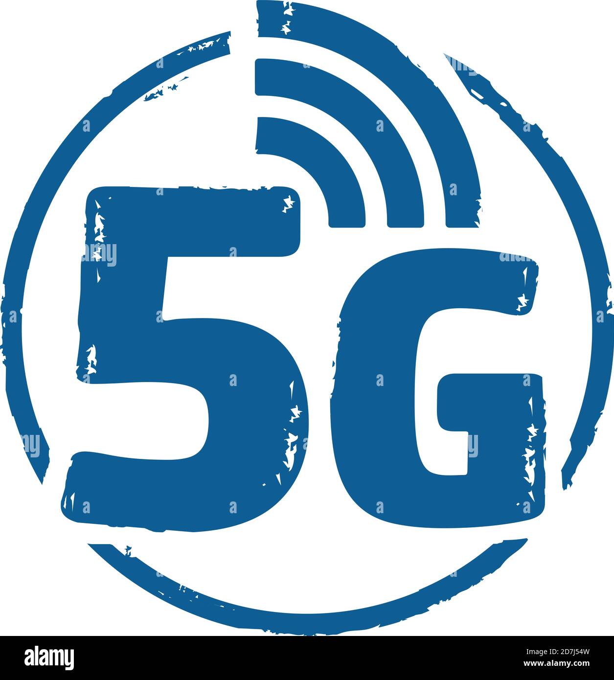 Simbolo del vettore del timbro di grunge della rete 5G. Rete mobile di nuova generazione, Internet delle cose, connessione telefonica e illustrazione del concetto di comunicazione. Illustrazione Vettoriale