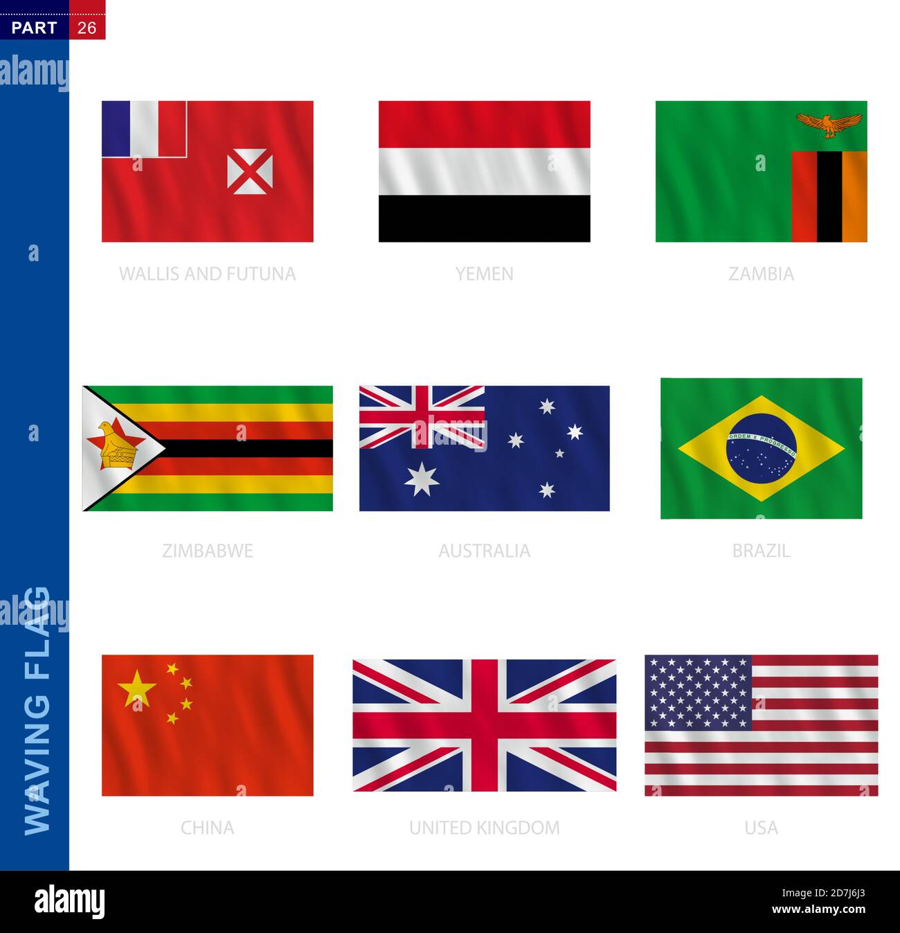 Raccolta di bandiere sventolanti in proporzione ufficiale. 9 bandiere vettoriali: Australia, Brasile, Cina, Regno Unito, Stati Uniti, Wallis e Futuna, Yemen, Zambia, Zimbabwe Illustrazione Vettoriale