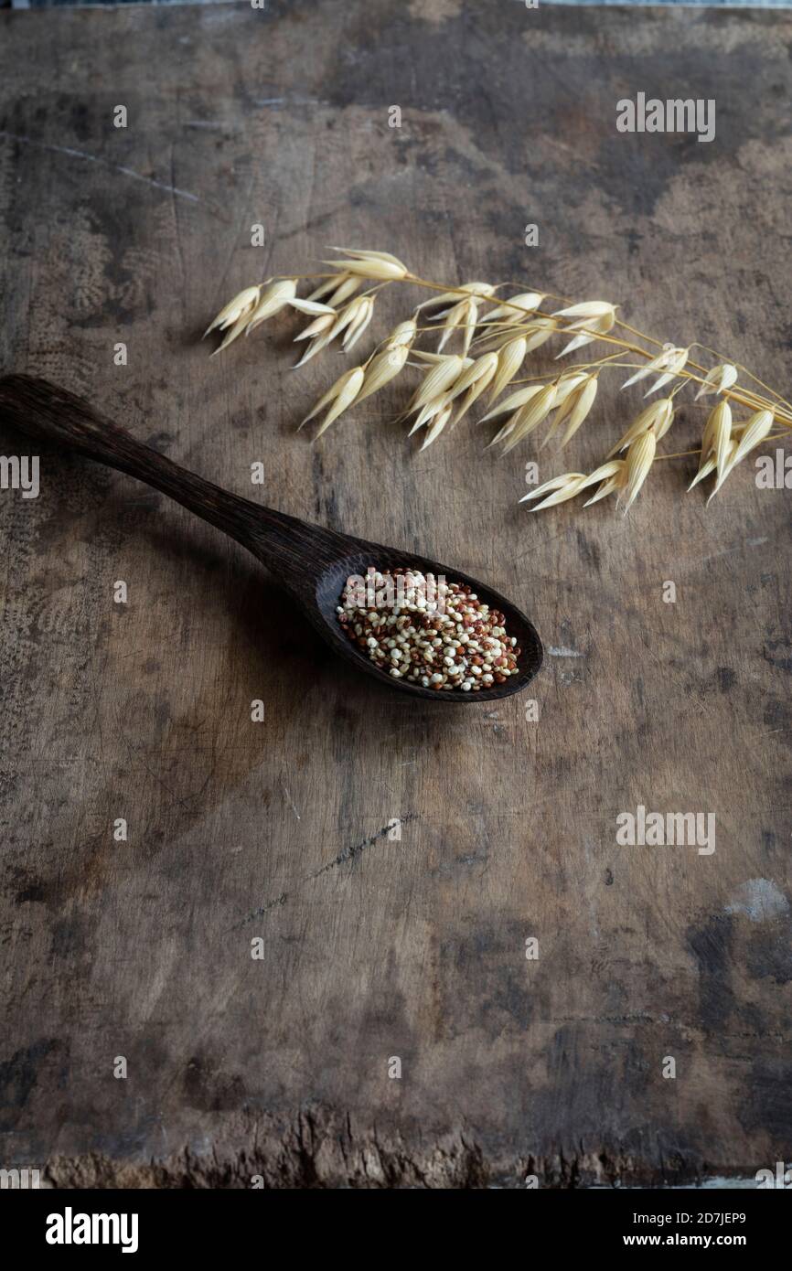 Avena e mestolo di quinoa cruda Foto Stock