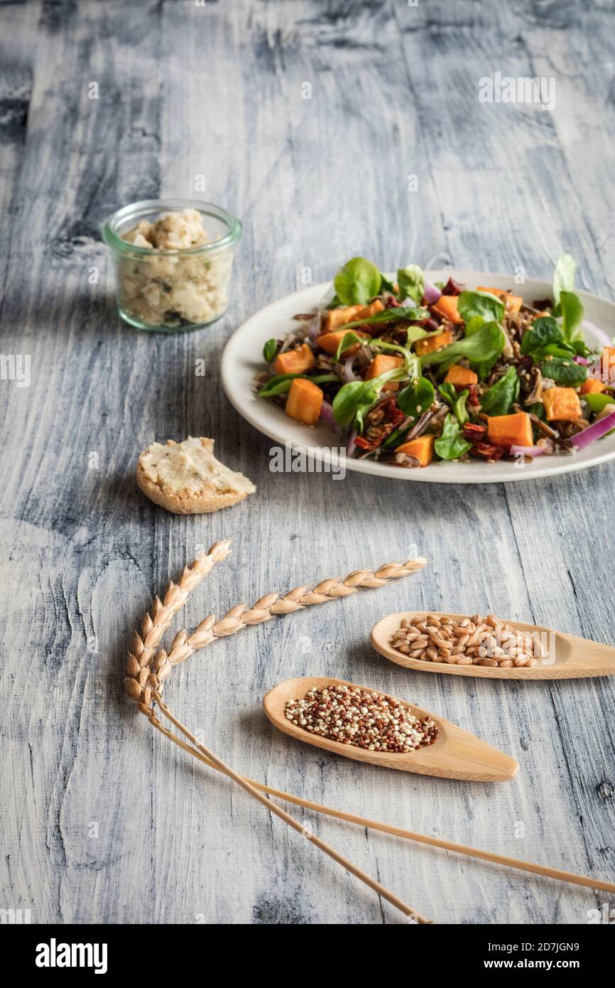 Piatto di insalata vegetariana con patate dolci e riso selvatico e due cucchiai di legno con farro di granata e quinoa Foto Stock