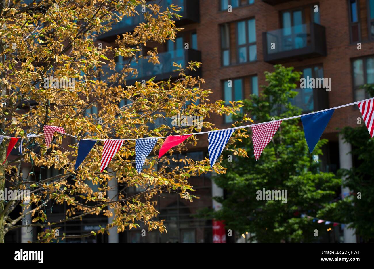 Bunting nel centro di Leeds, West Yorkshire, Inghilterra. Foto Stock