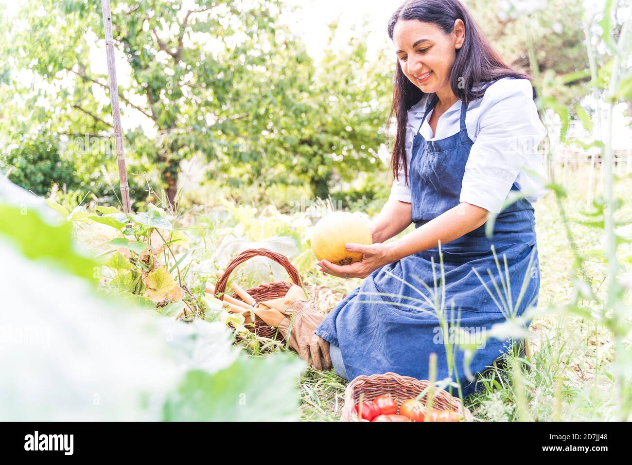 Donna inginocchiata mentre tiene il melone fresco dall'orto Foto Stock